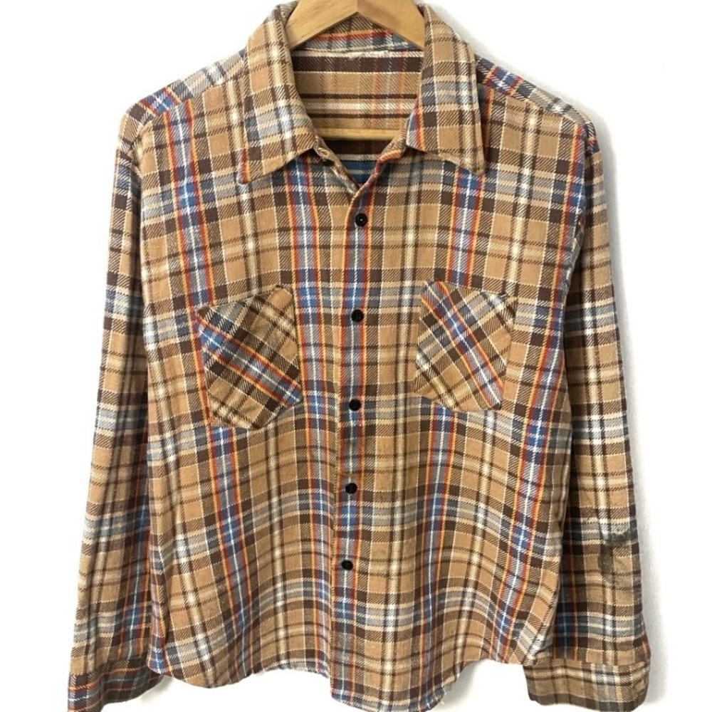 True Vintage 60s 70s Men’s Plaid Heavyweight Cotton Flannel Shirt USA Size XL
